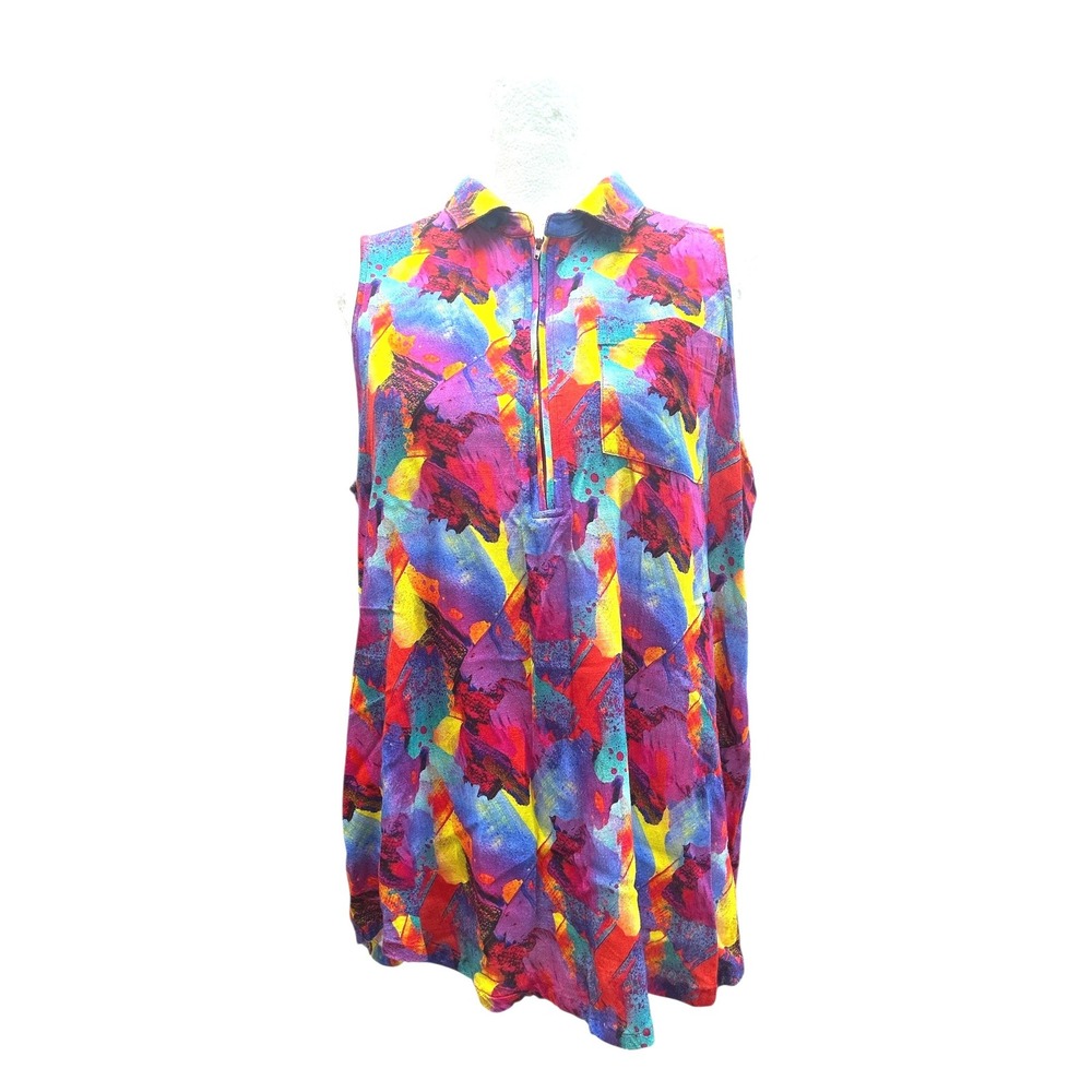 Blue Sky Clothing Co‎ Linen Bamboo Abstract Print Sleeveless Zip Tunic Top Large